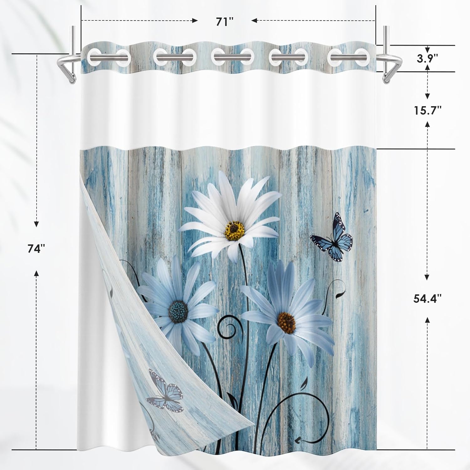 Nesphy No Hook Blue Daisy Shower Curtain Set