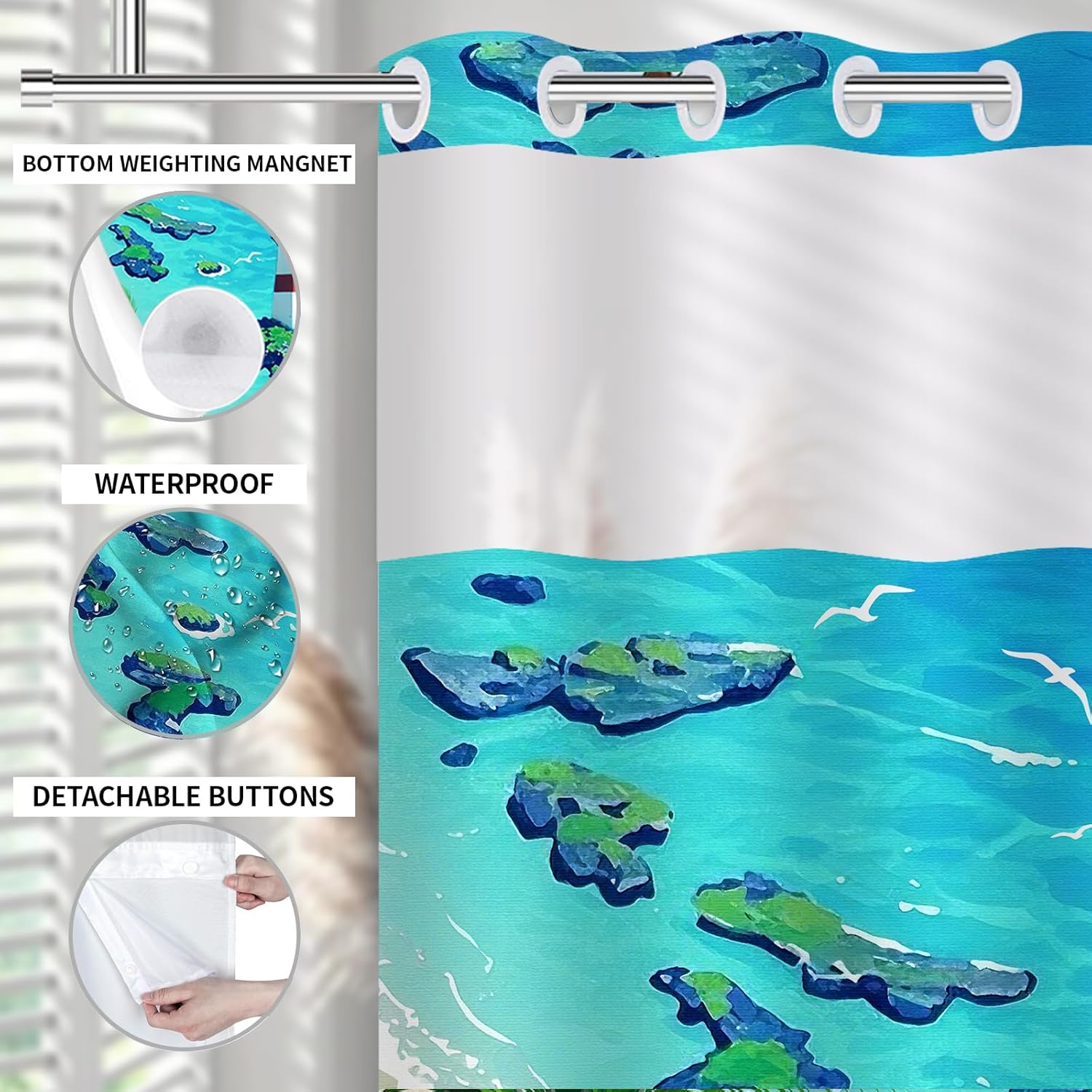 No Hook Beach Shower Curtain Set - Tropical Lighthouse Design in Summer Blue