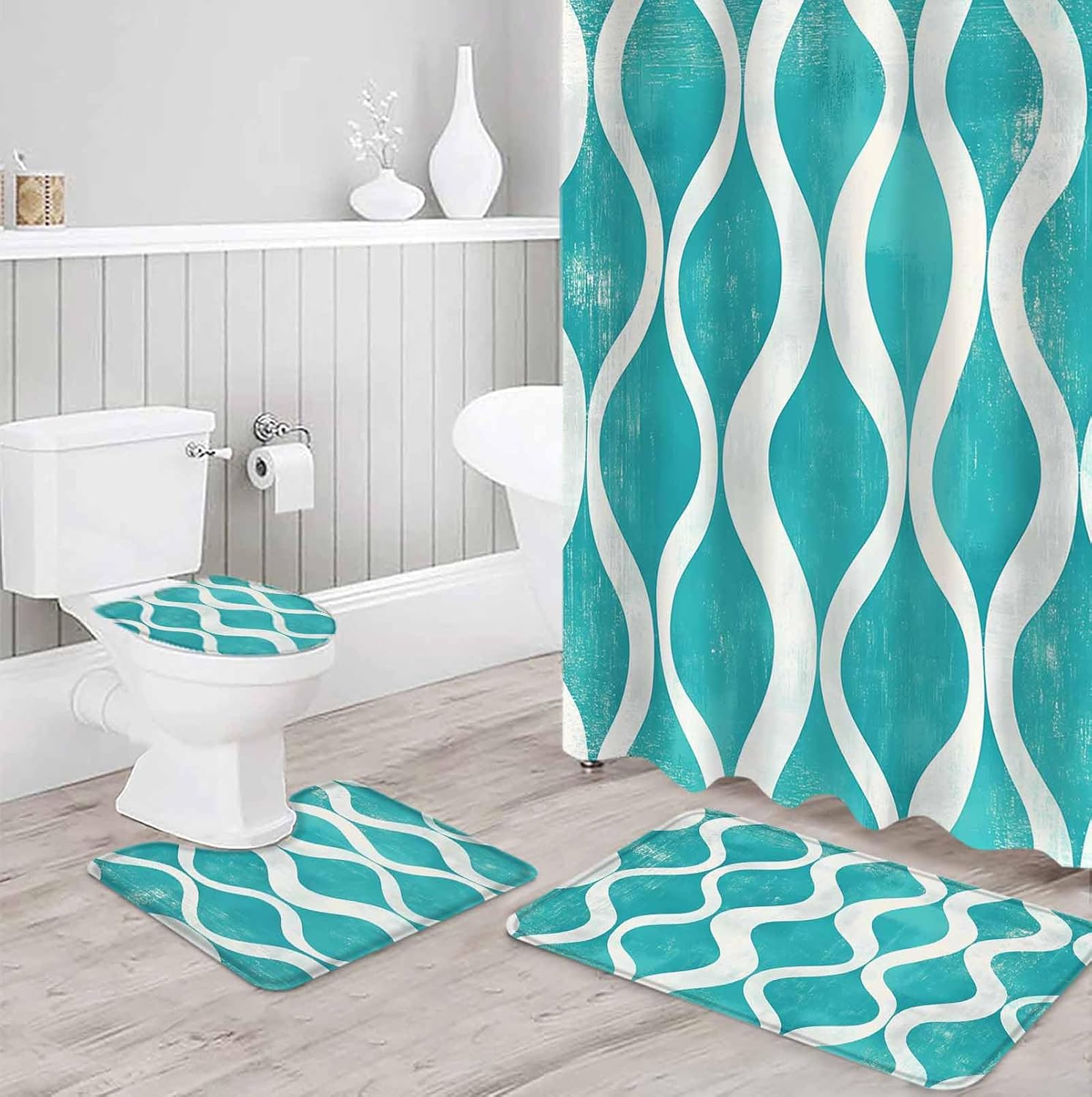 ZOE GARDEN Aqua White Wave Bathroom Set with Mat and Hooks