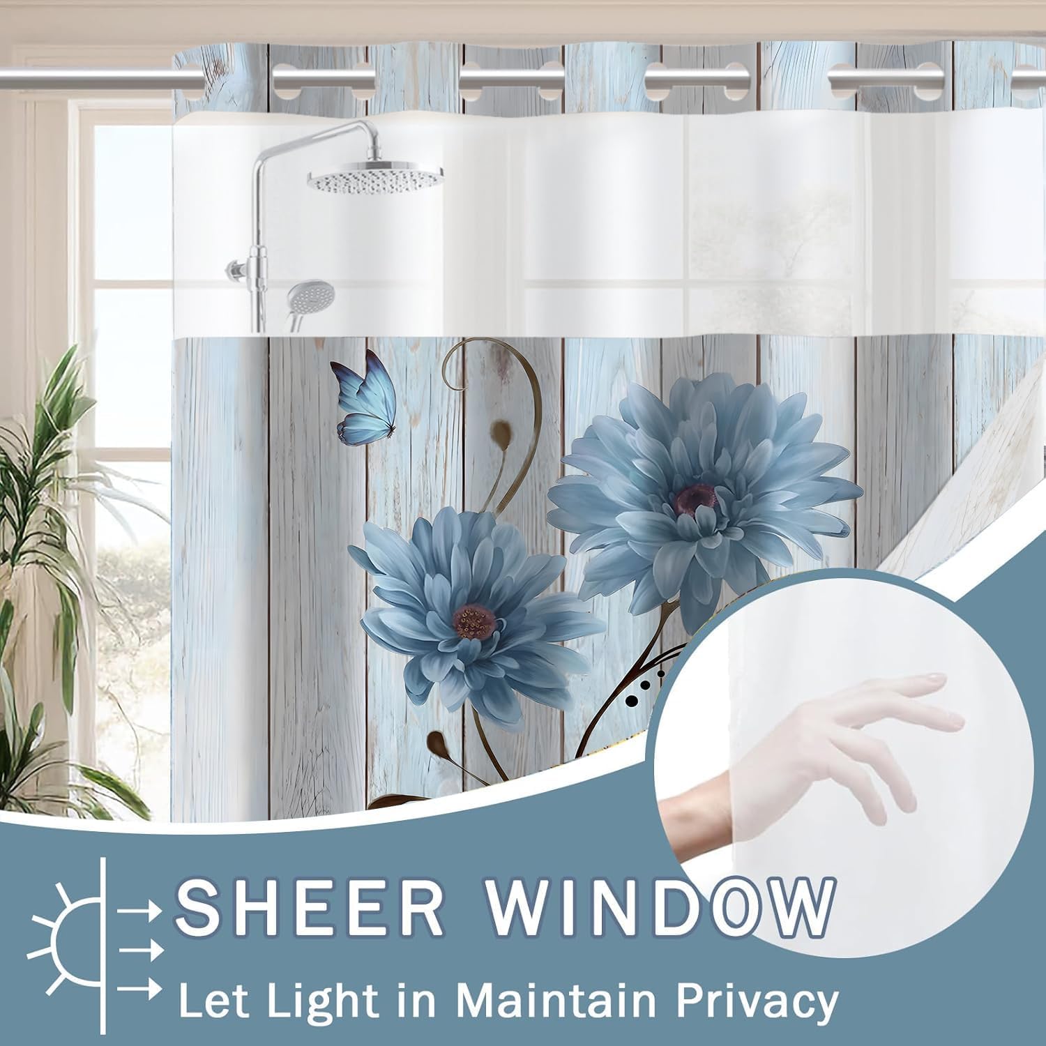 AZHM Rustic Blue Daisy Shower Curtain Set