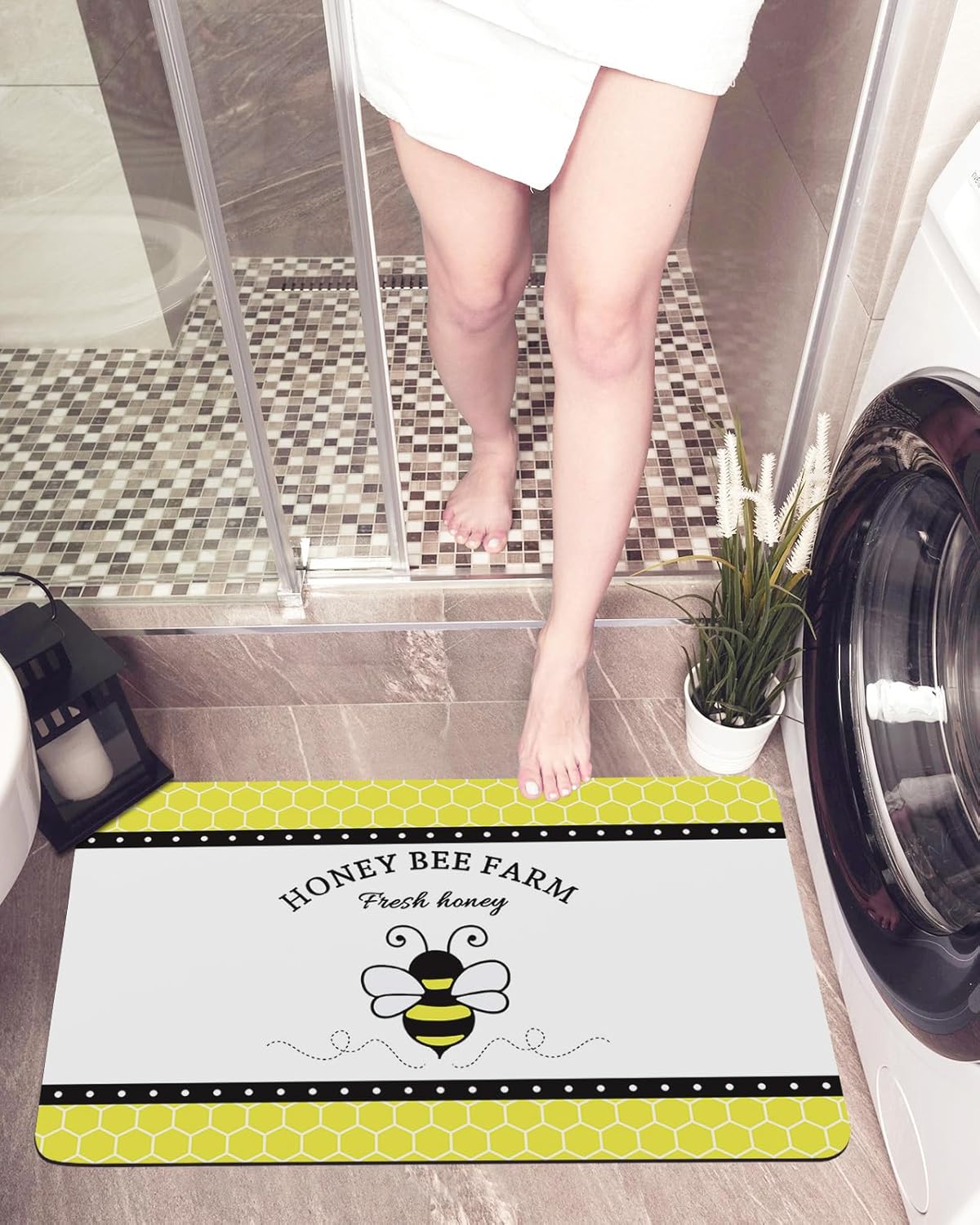 Spring Bee Yellow Hexagon Bath Mat Non-Slip