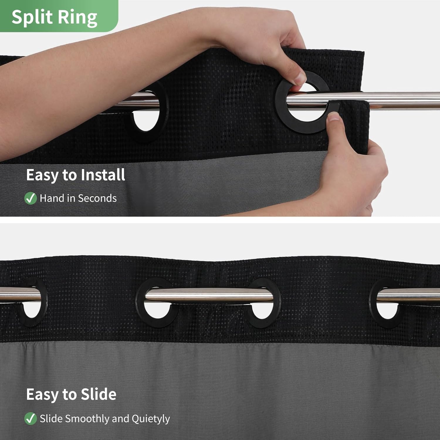 Eachope Black No Hook Shower Curtain with Snap-in Liner Set