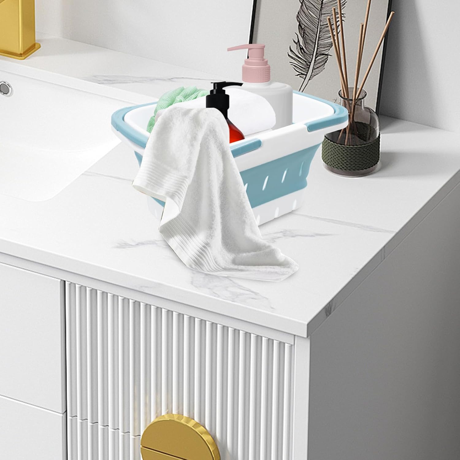2 PCS Foldable Shower Caddy Baskets Grey and Blue