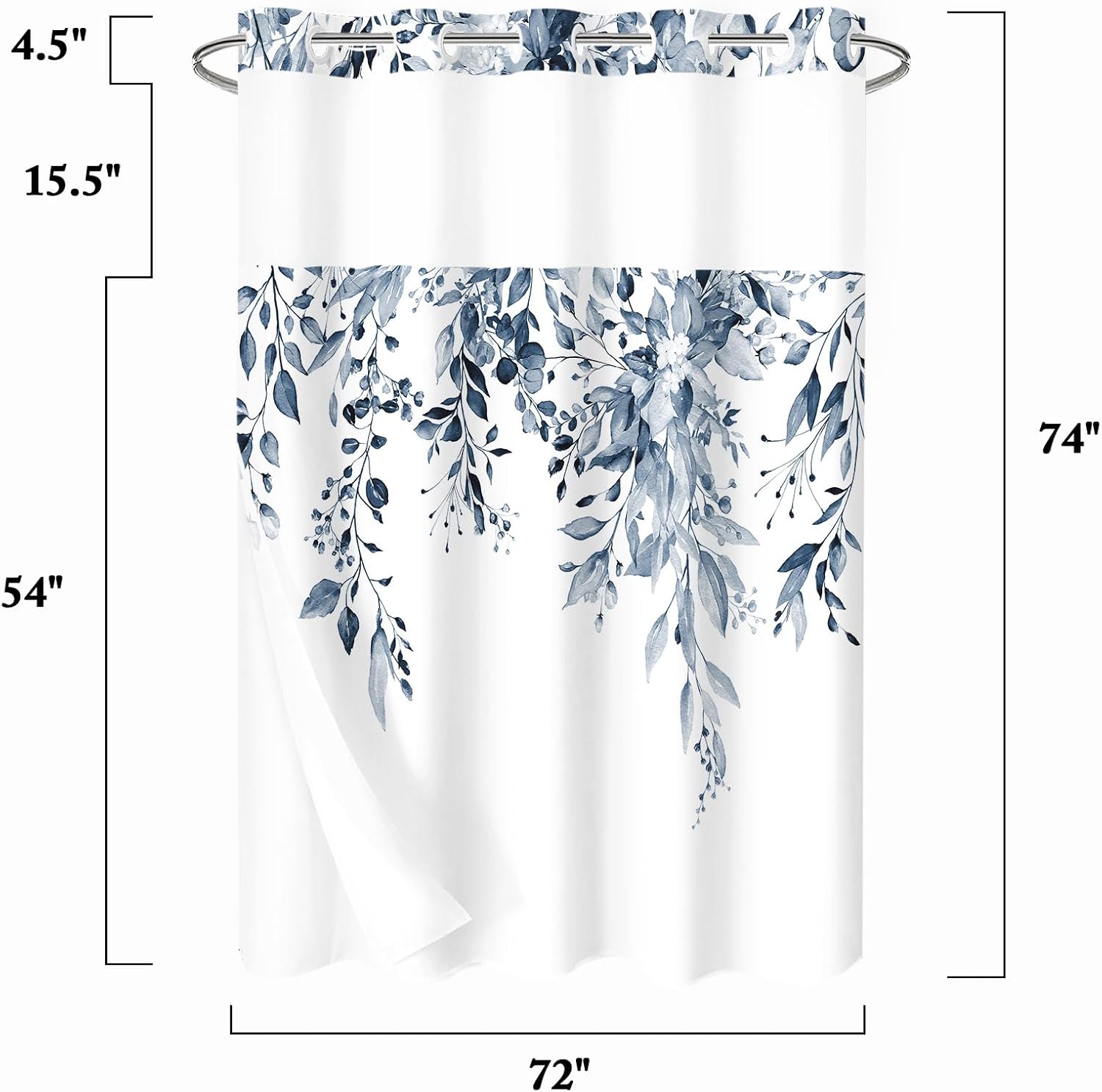 Gibelle No Hook Shower Curtain Set Navy Blue Eucalyptus Leaves