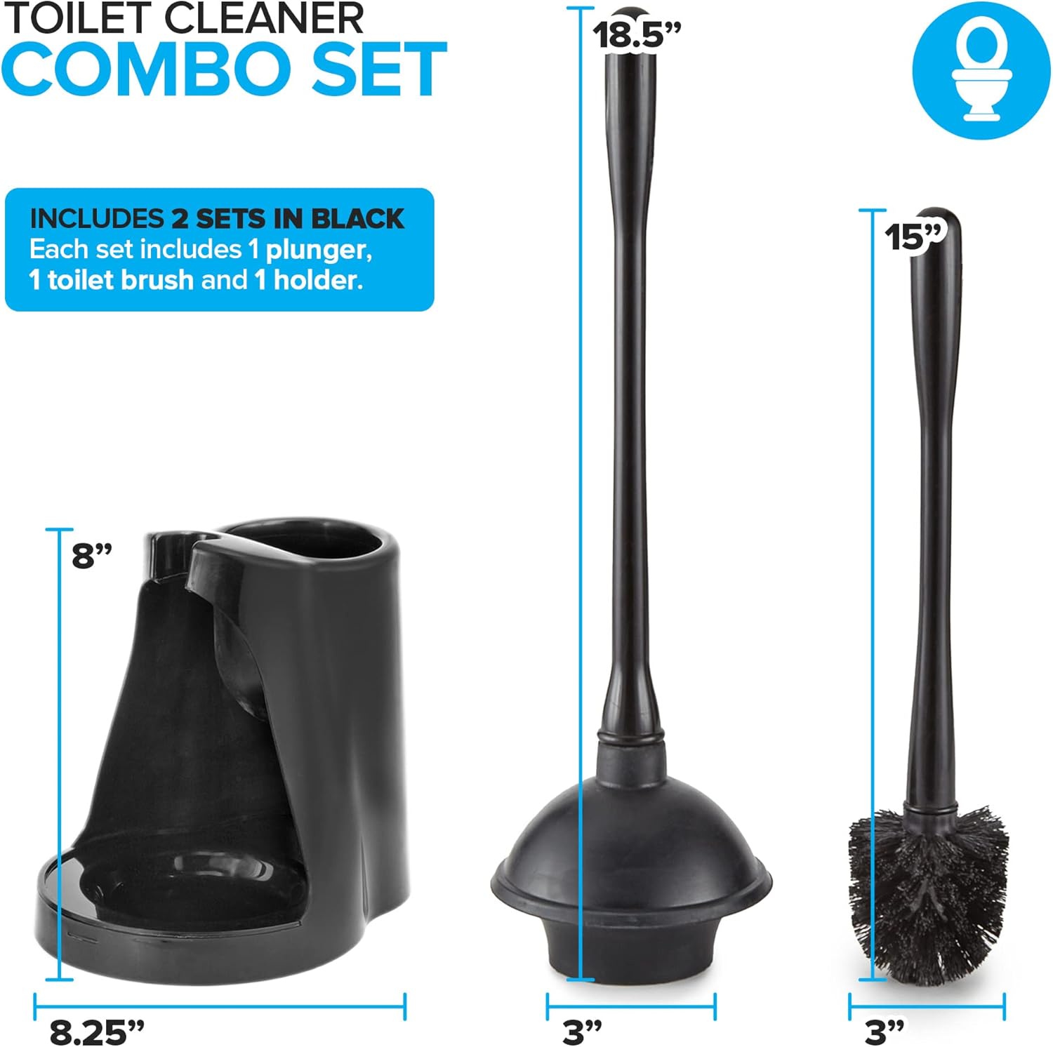 Toilet Plunger and Brush Set - 2 Pack Black