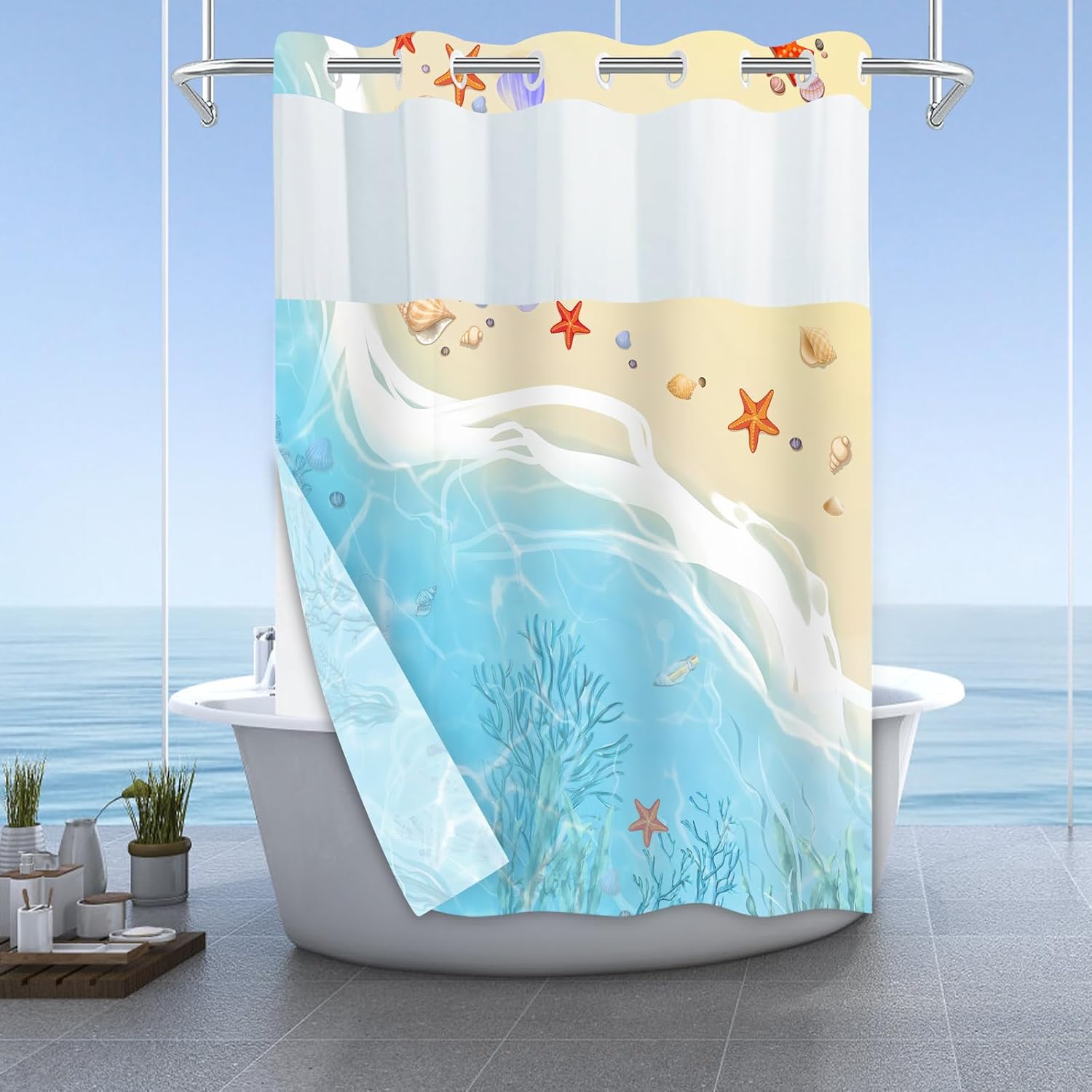 No Hook Beach Shower Curtain Set with Snap Liner 71x74 Inches