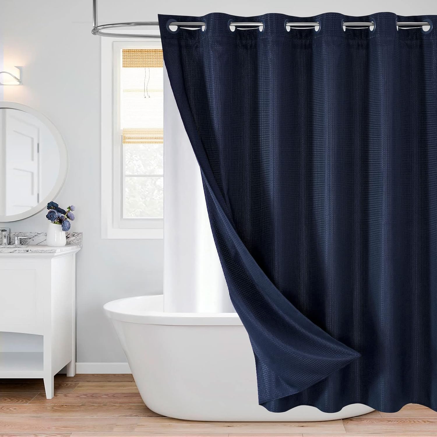 MitoVilla Navy Blue Waffle Shower Curtain Set