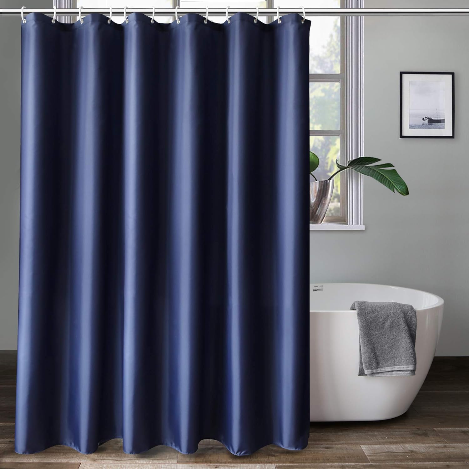 AooHome 72x66 Inch Navy Blue Shower Curtain Liner with Hooks and Weighted Hem