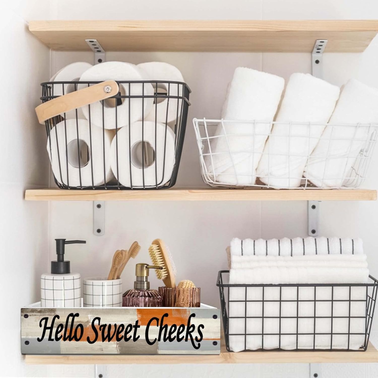 Lnond Rustic Wooden Toilet Paper Basket with Handles Orange