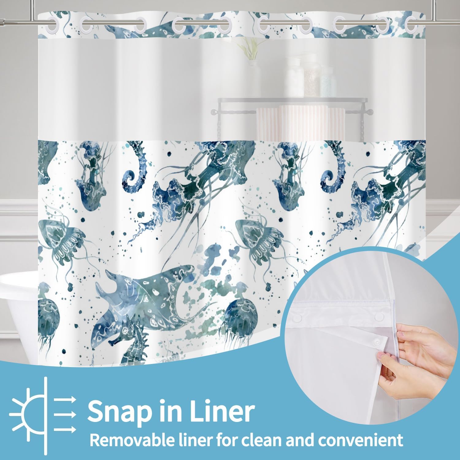 No Hook Shower Curtain with Snap Liner Set 71x74 Inch