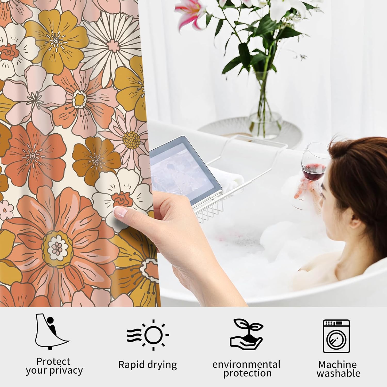 BAUCIWLD Retro Boho Flower Shower Curtain Set with 12 Hooks 1