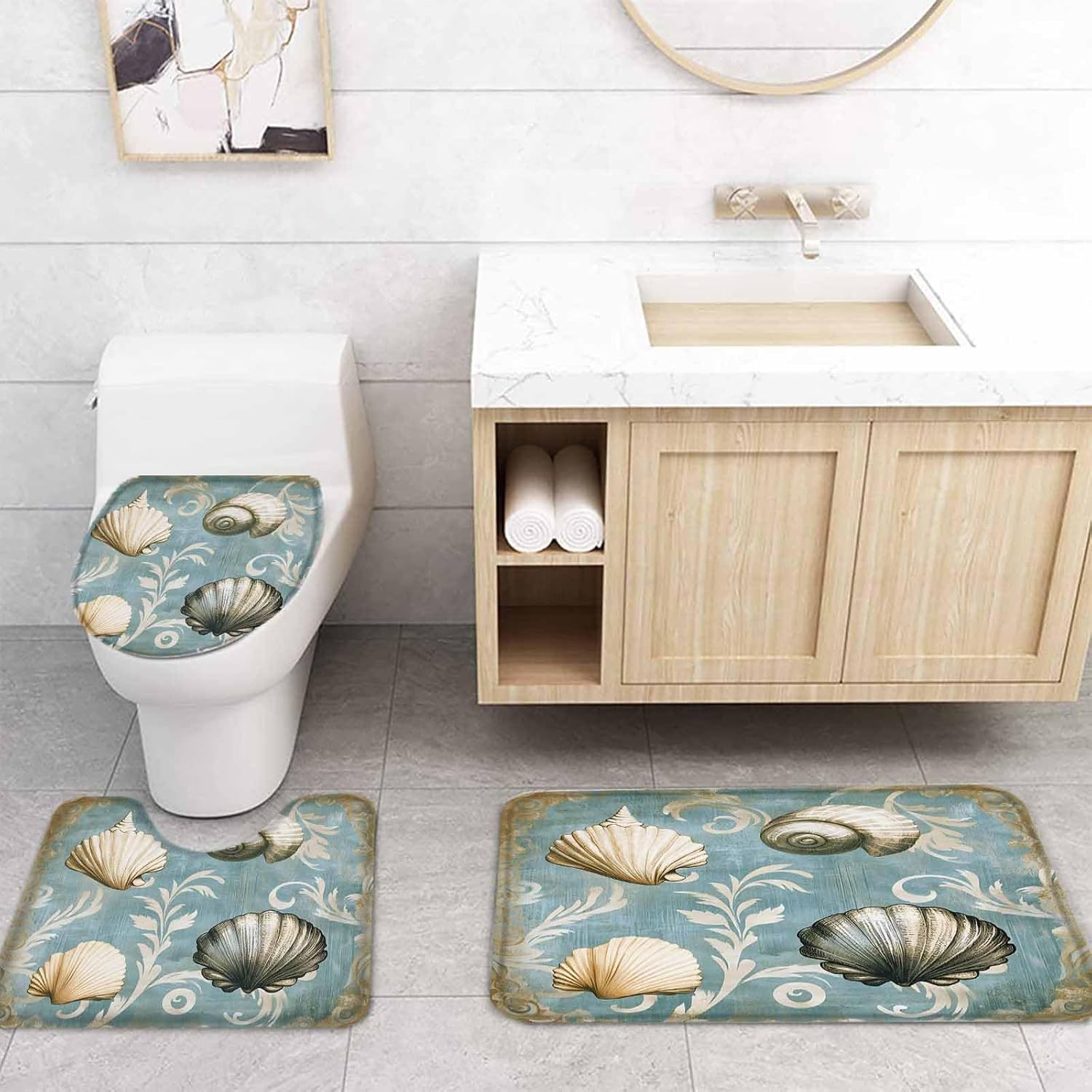 ZOE GARDEN Blue Brown Coastal Bathroom Set with Shower Curtain and Rug