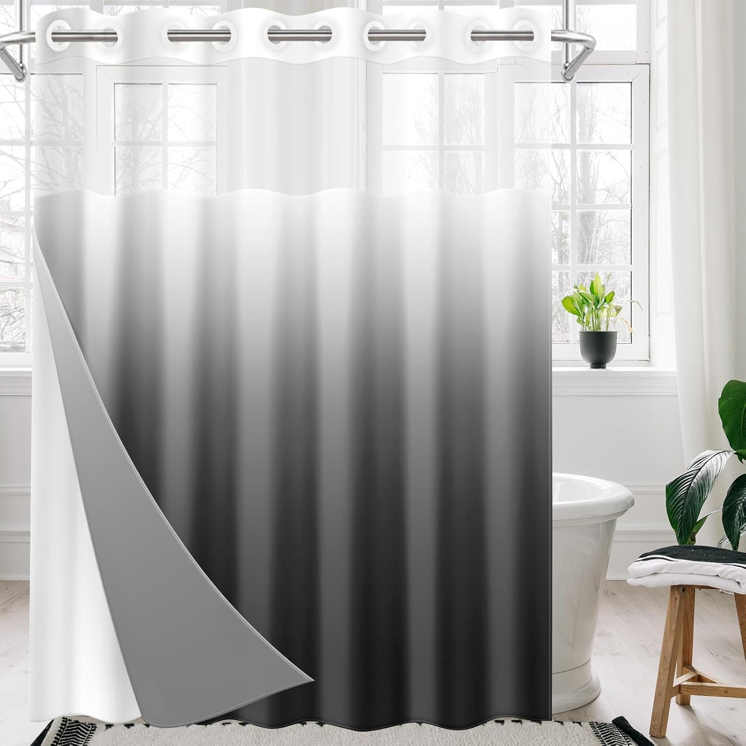 Nesphy No Hook Ombre Shower Curtain Set 71x74 Inch