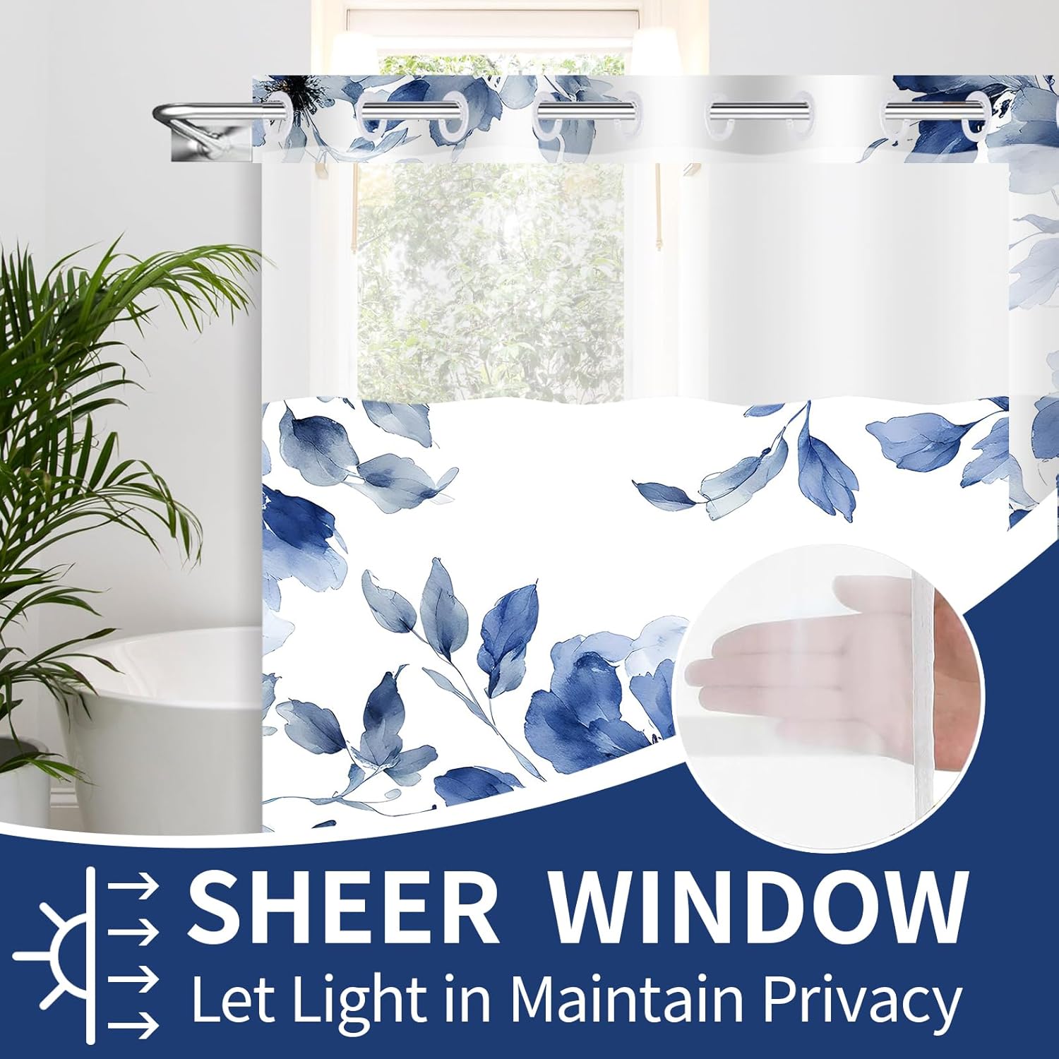 Uhexoyo Modern Abstract Navy Blue Flower Shower Curtain Set