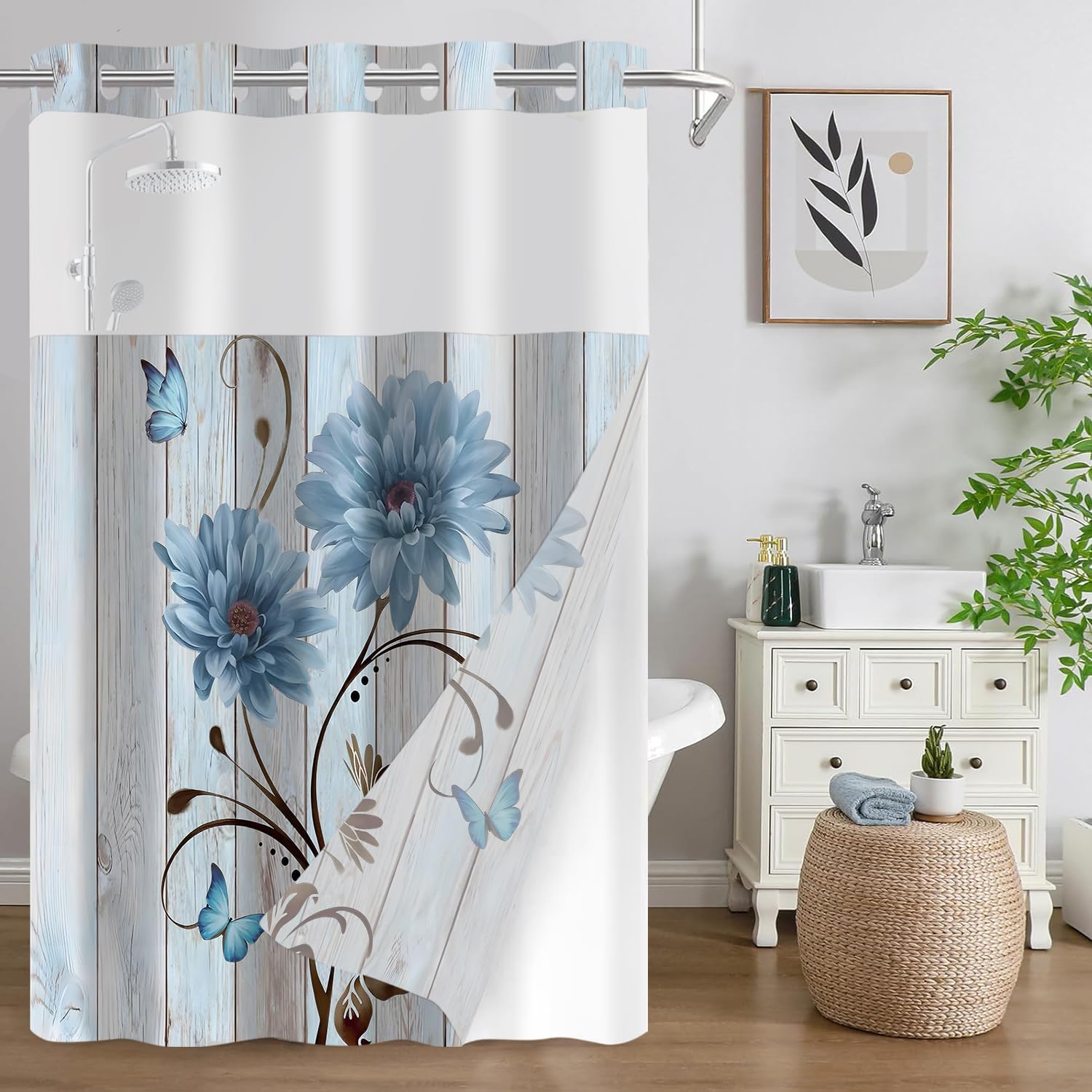 AZHM Rustic Blue Daisy Shower Curtain Set