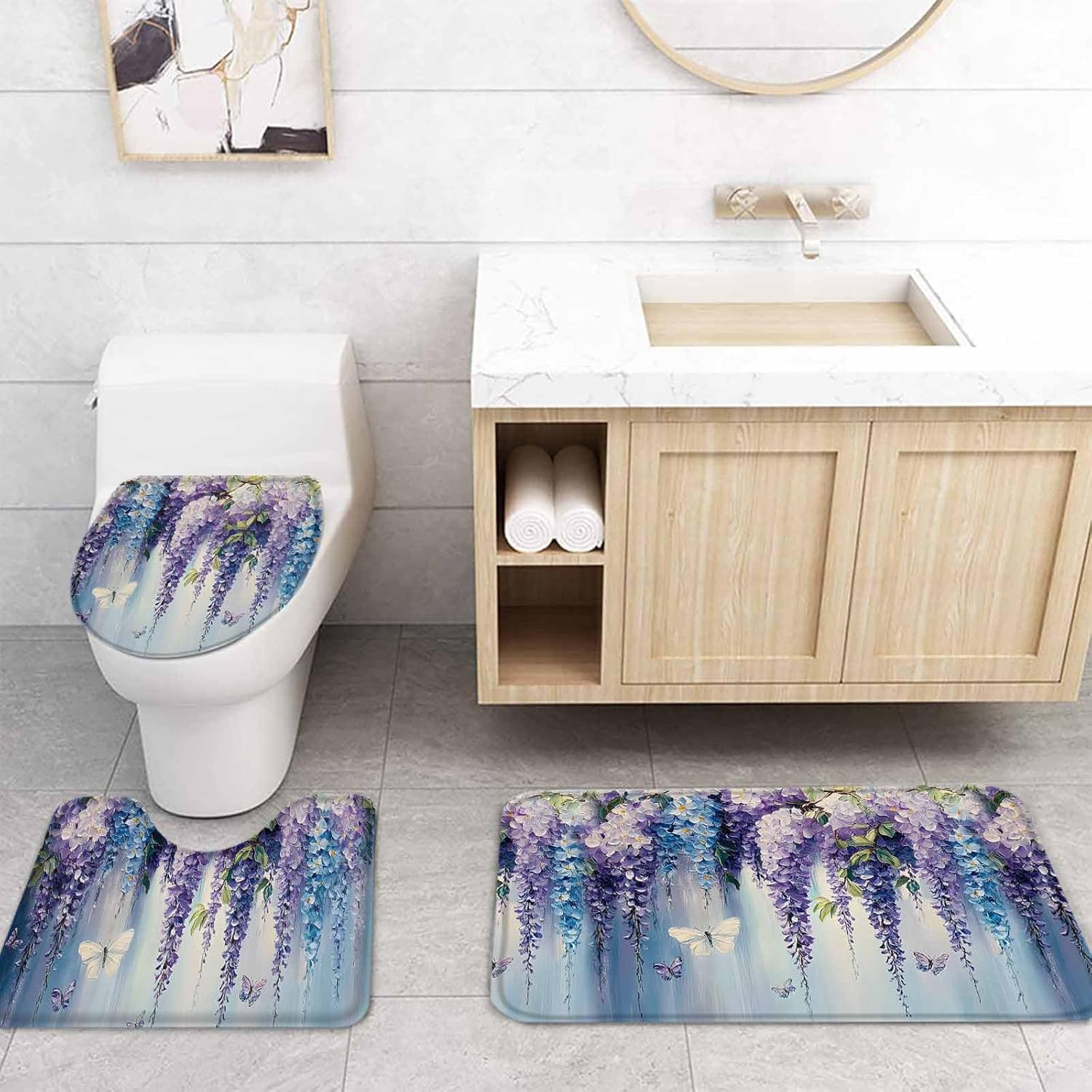 ZOE GARDEN Purple Blue Botanical Shower Curtain Set