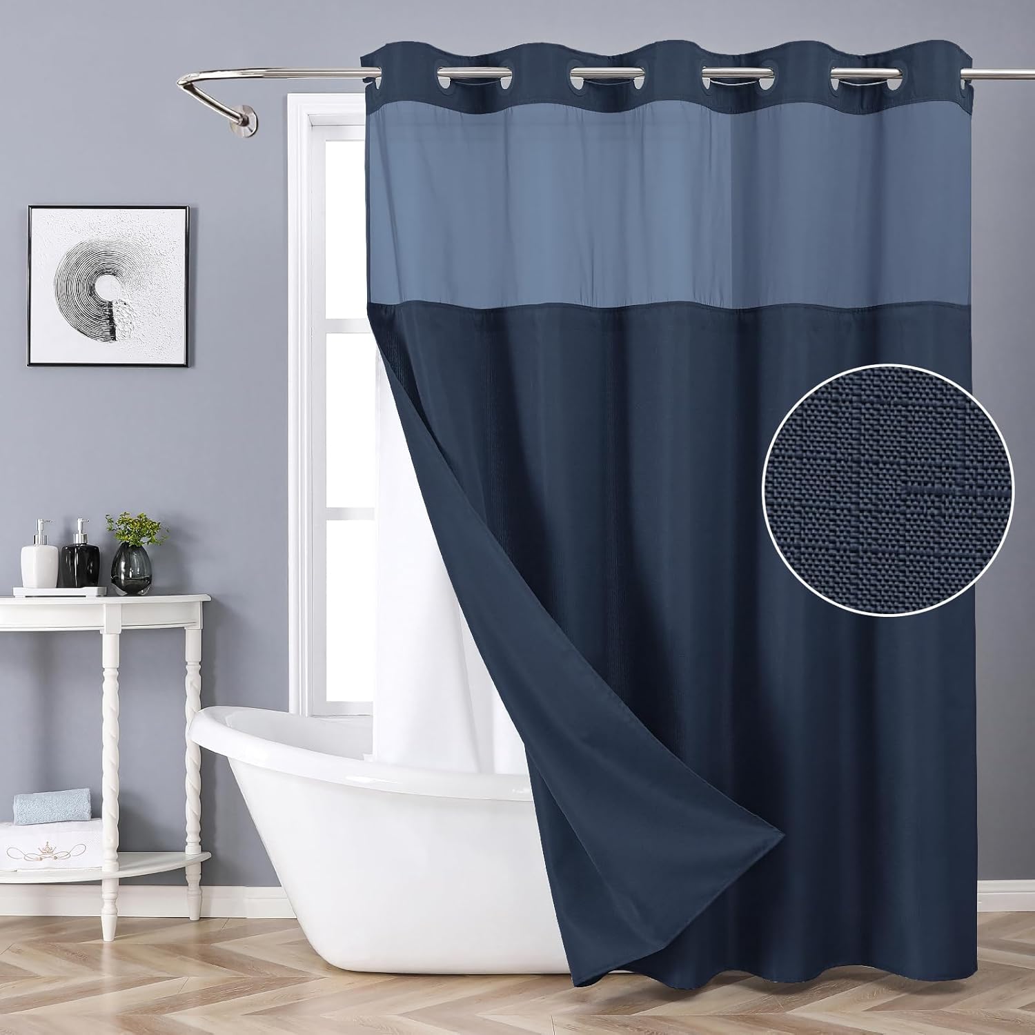 No Hook Shower Curtain with Snap-in Liner Set Slub Textured Navy Blue
