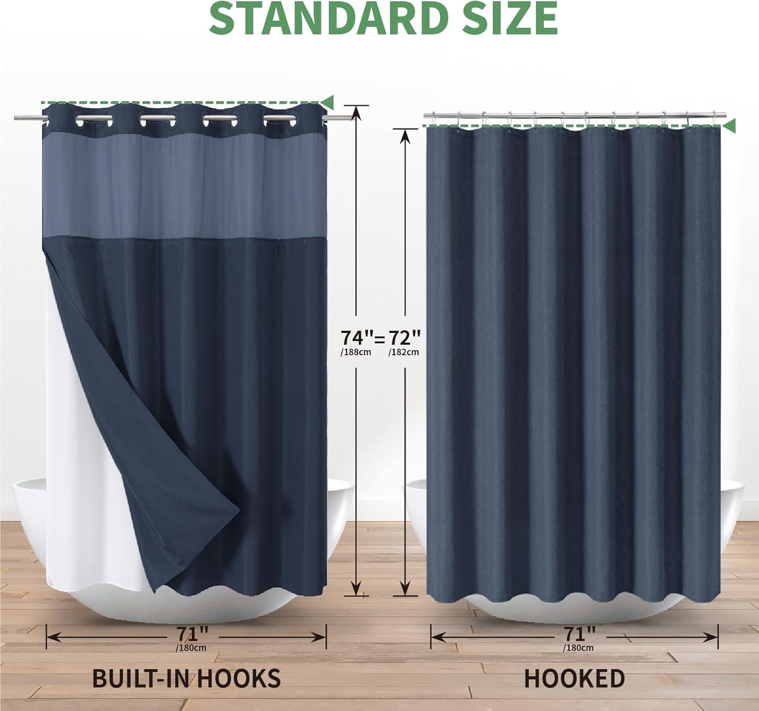 No Hook Shower Curtain with Snap-in Liner Set Slub Textured Navy Blue