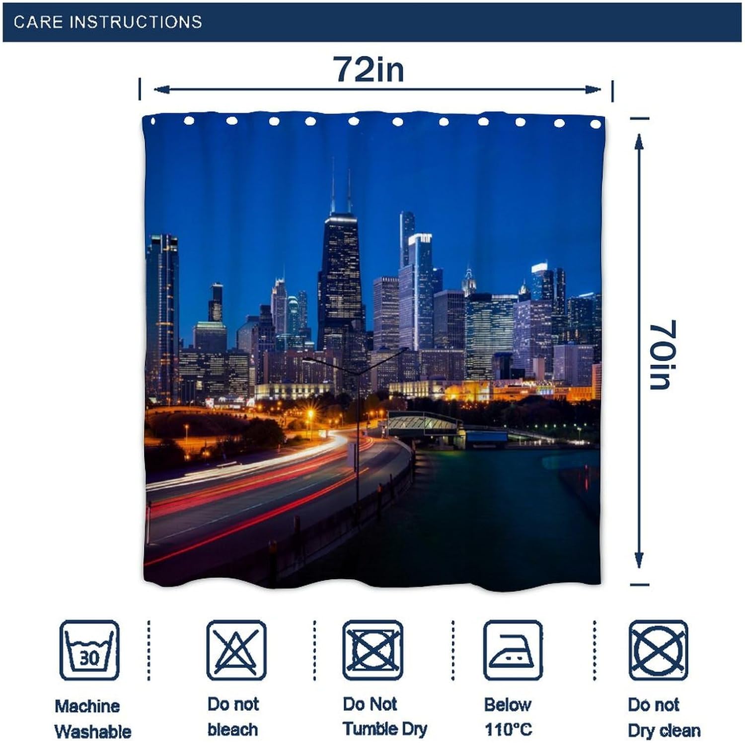 OXJOIIS Shower Curtain with 12 Hooks - Chicago City Skyline Night View Art