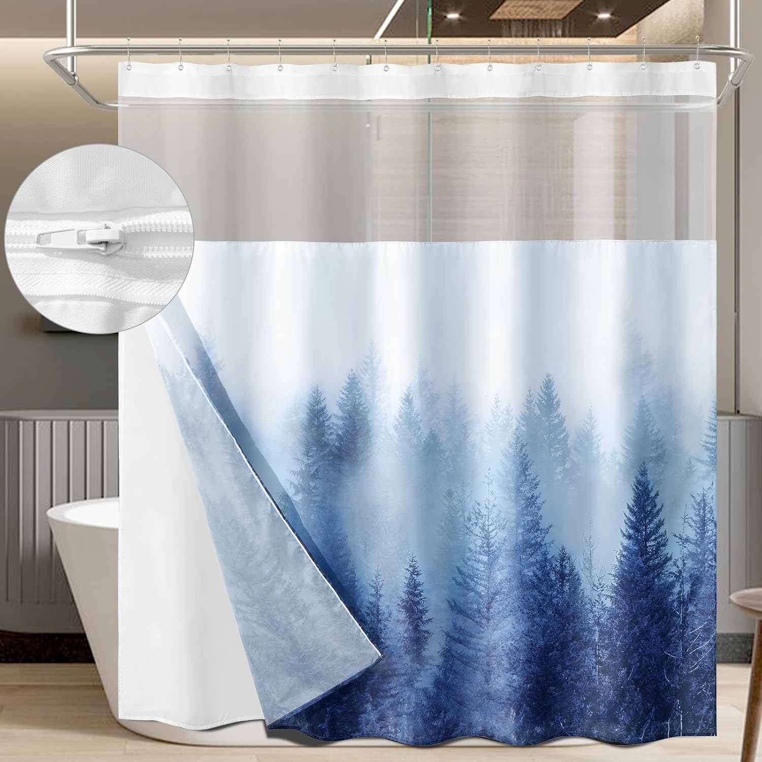 ORTIGIA Misty Forest Shower Curtain Set with Liner and Hooks 1