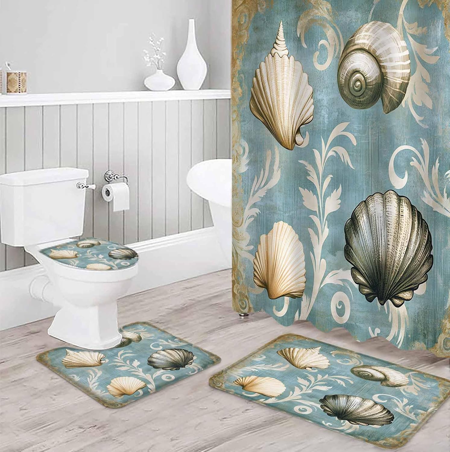 ZOE GARDEN Blue Brown Coastal Bathroom Set with Shower Curtain and Rug