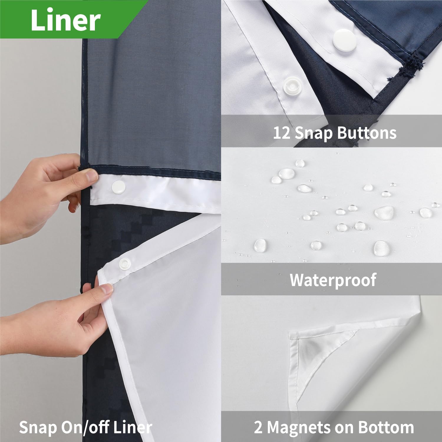 Navy Blue Tufted Chevron Shower Curtain Set with Snap-in Liner