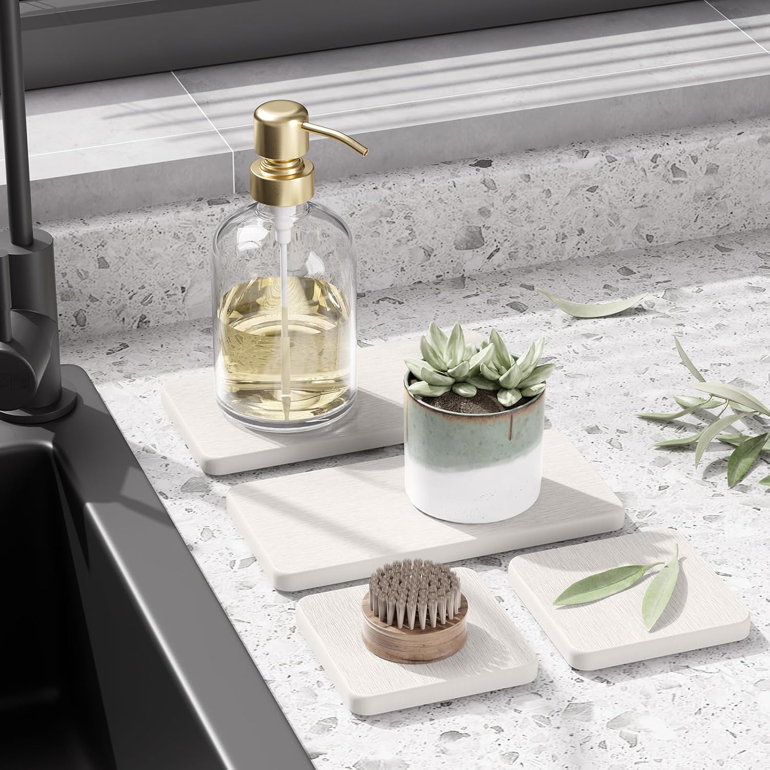 AmazerBath 4 Pack Stone Drying Trays for Bathroom Sink and Kitchen Counter