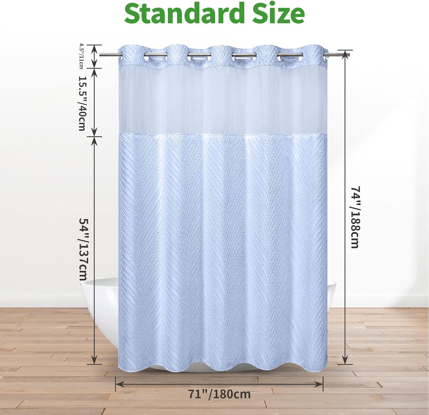 FrostBlue Boho Shower Curtain Set with No Hooks and Snap-On Liner