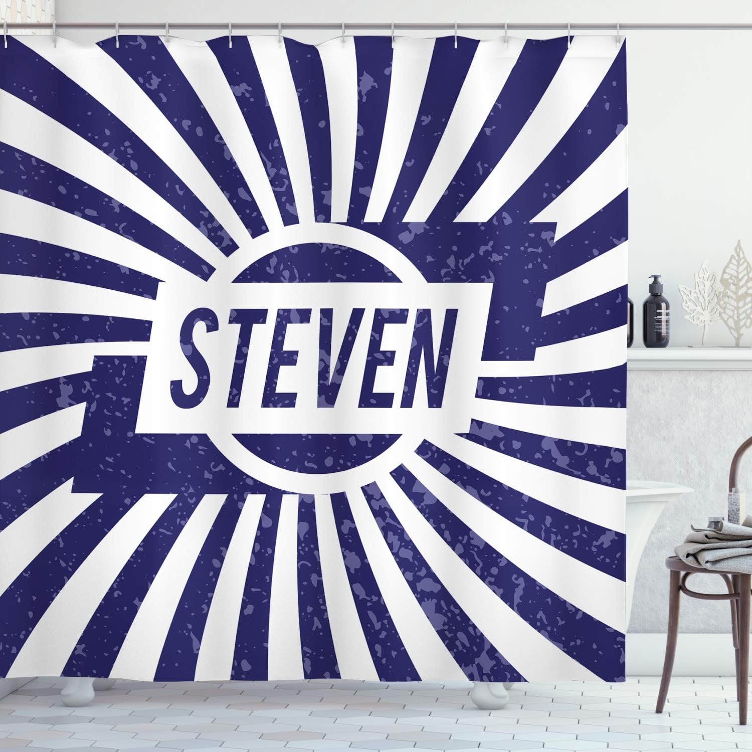 Ambesonne Steven Shower Curtain Set Blue White Retro 1