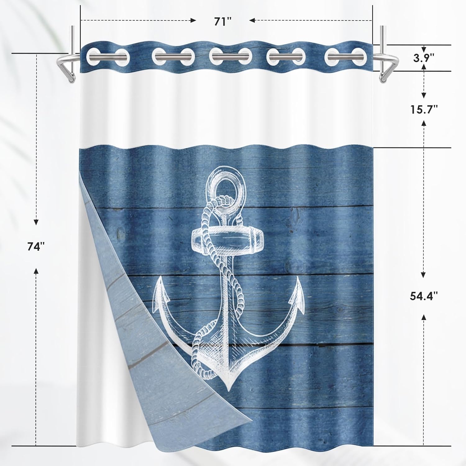 Nesphy Navy Blue No Hook Anchor Wooden Board Shower Curtain Set