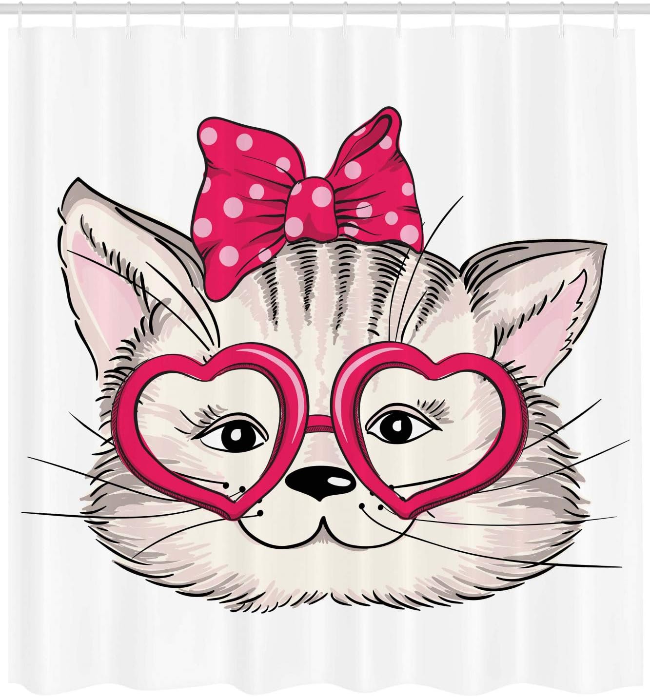 Ambesonne Cat Shower Curtain with Heart Shaped Glasses and Ribbon Teenager Design