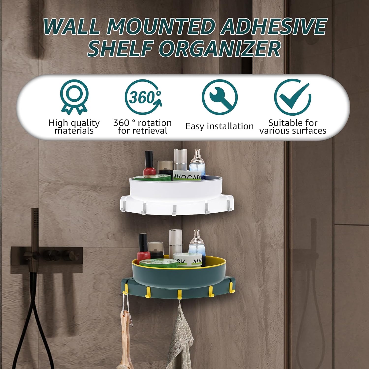 2PCS No Drill Corner Shower Caddy with Hooks