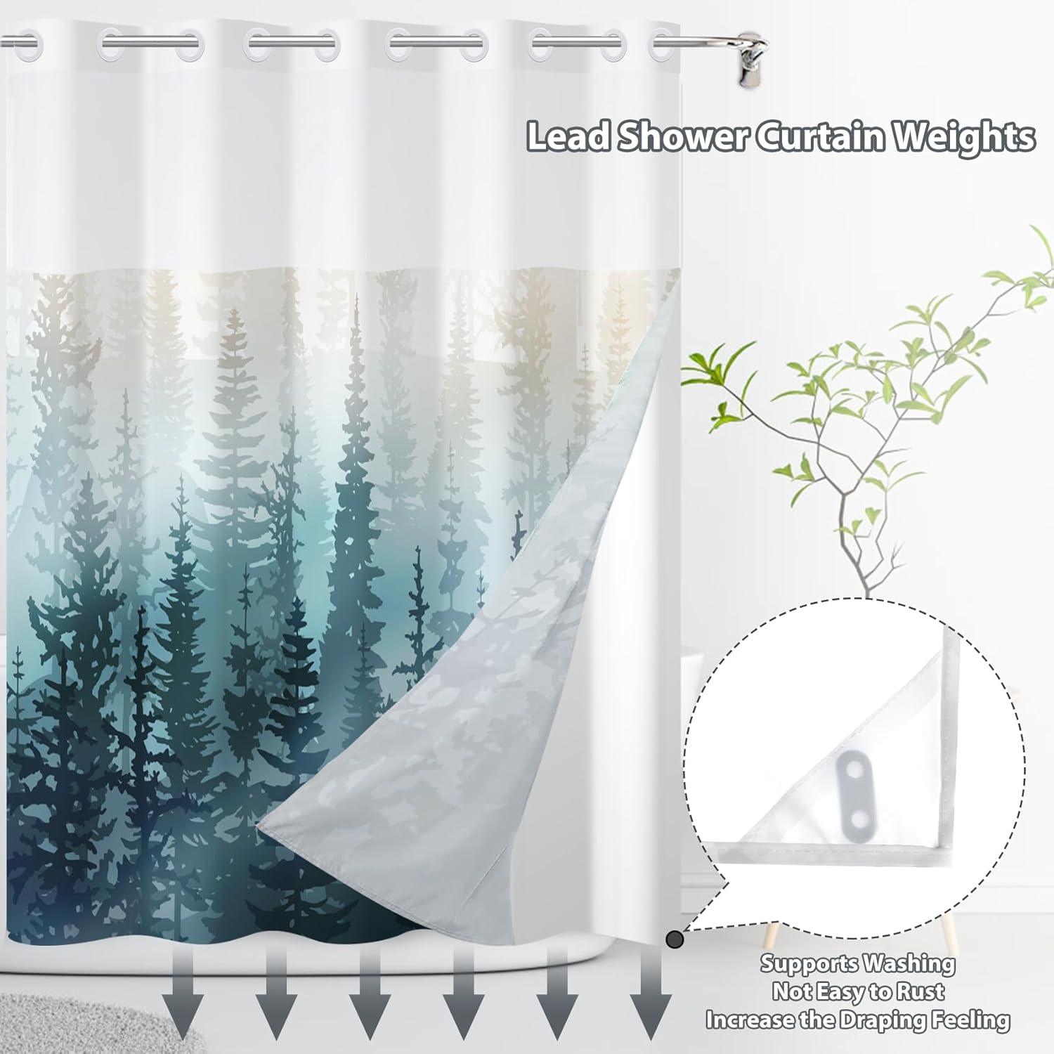 Yanutan Teal Forest No Hook Shower Curtain Set