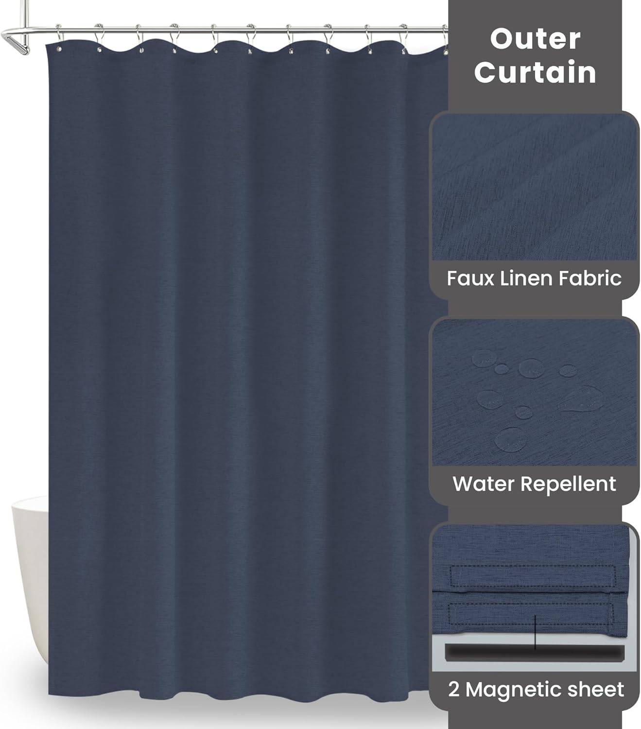 Inhousolu Boho Shower Curtain Set Faux Linen 12 Metal Hooks Navy Blue 54x78
