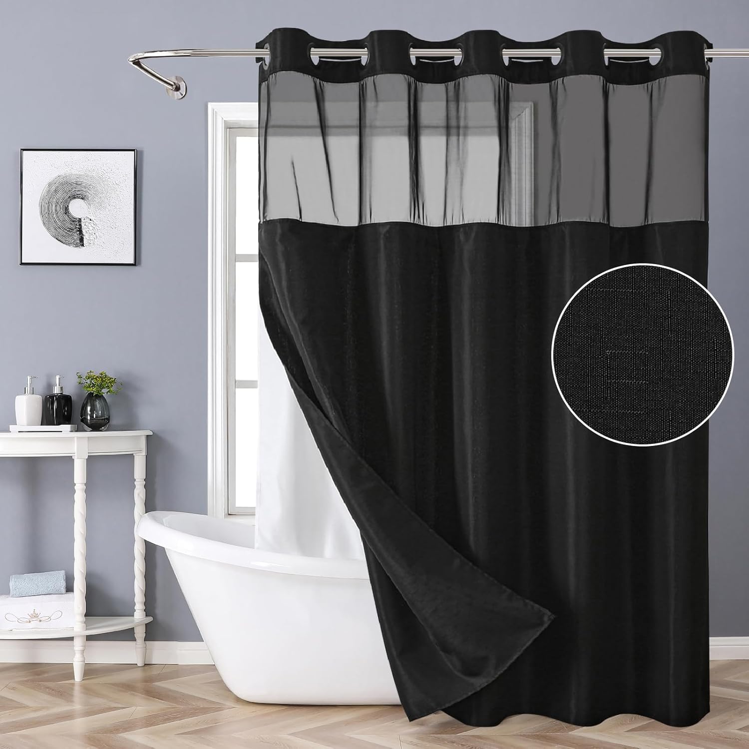Black Slub Textured Shower Curtain Set with Snap-in Liner