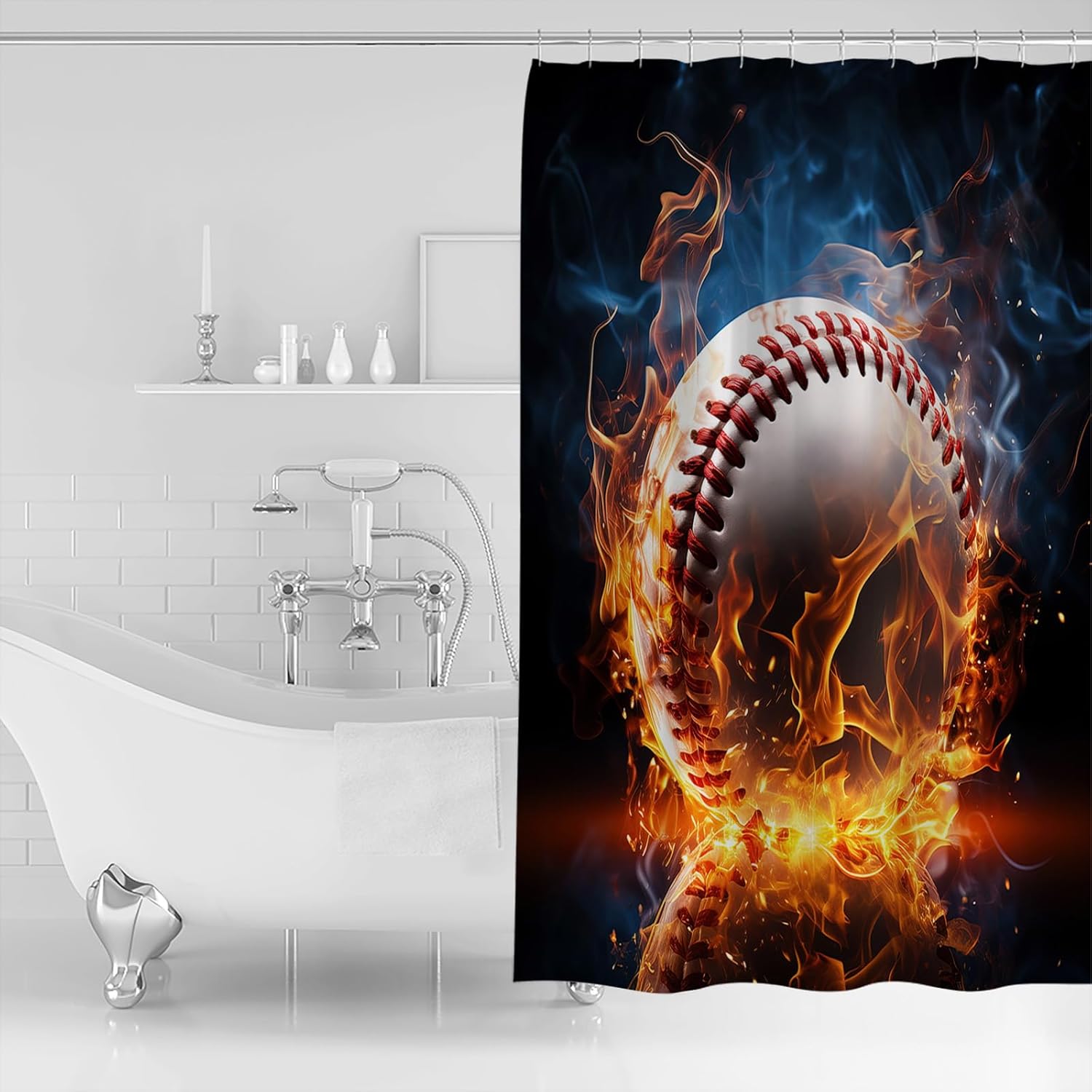 ZOE GARDEN Baseball Shower Curtain Set with Hooks 72x78
