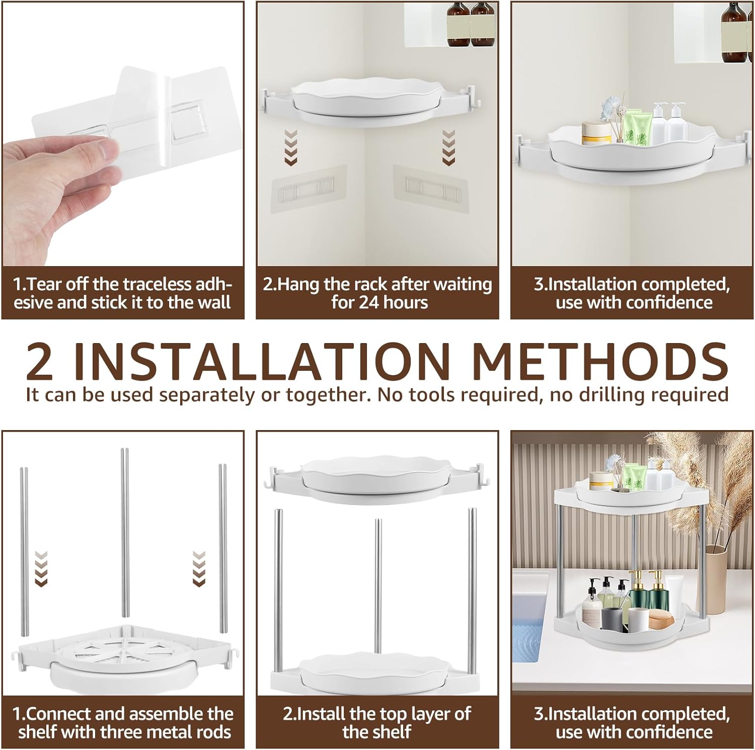 360 Rotating Corner Shower Caddy with 5 Hooks