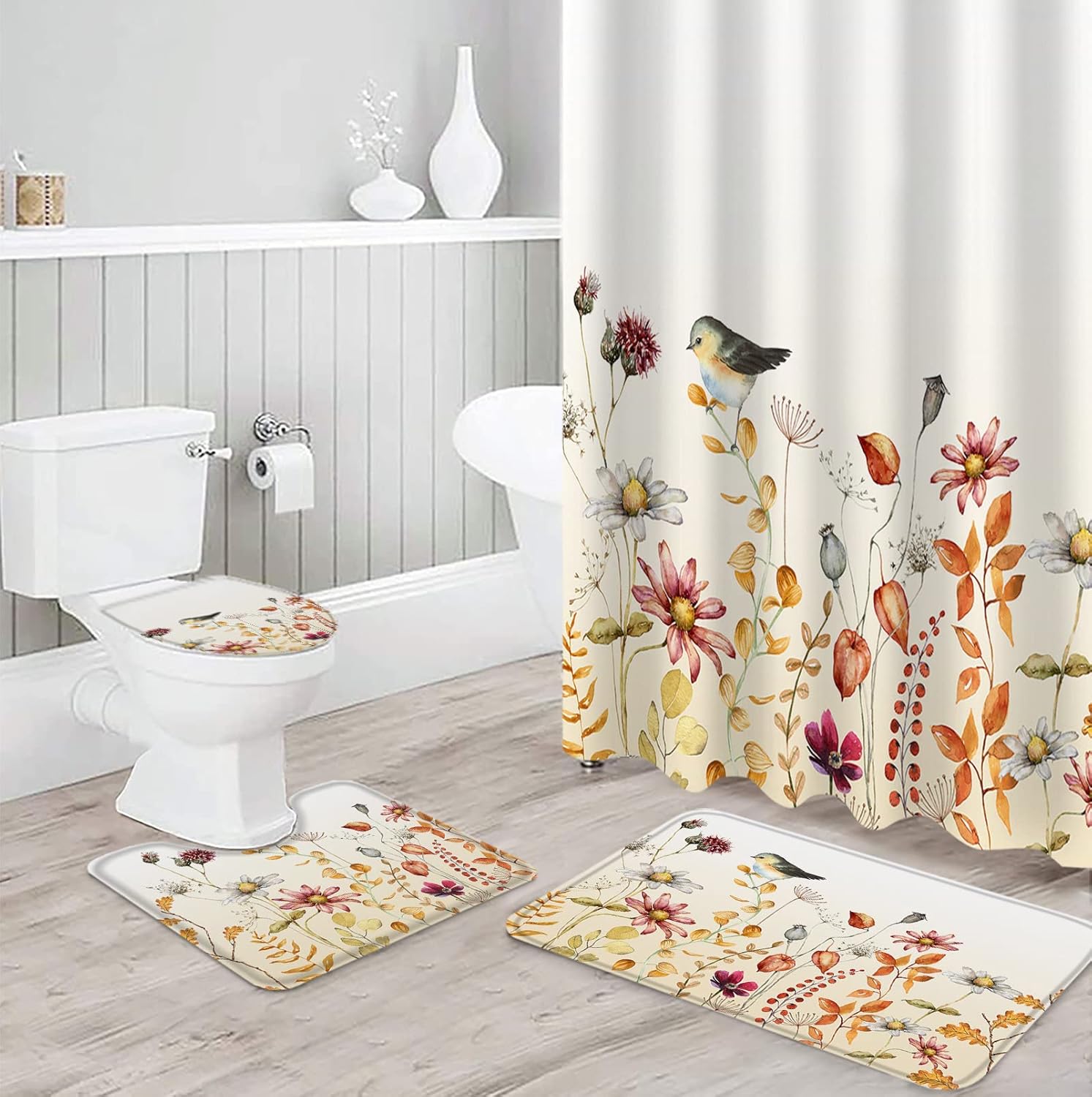 ZOE GARDEN Fall Flower Bird Bathroom Set with Curtain and Rug