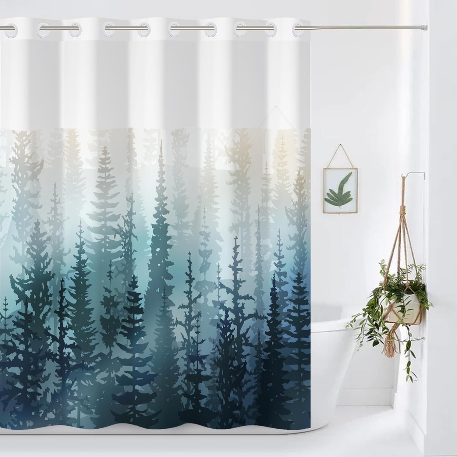 Yanutan Teal Forest No Hook Shower Curtain Set