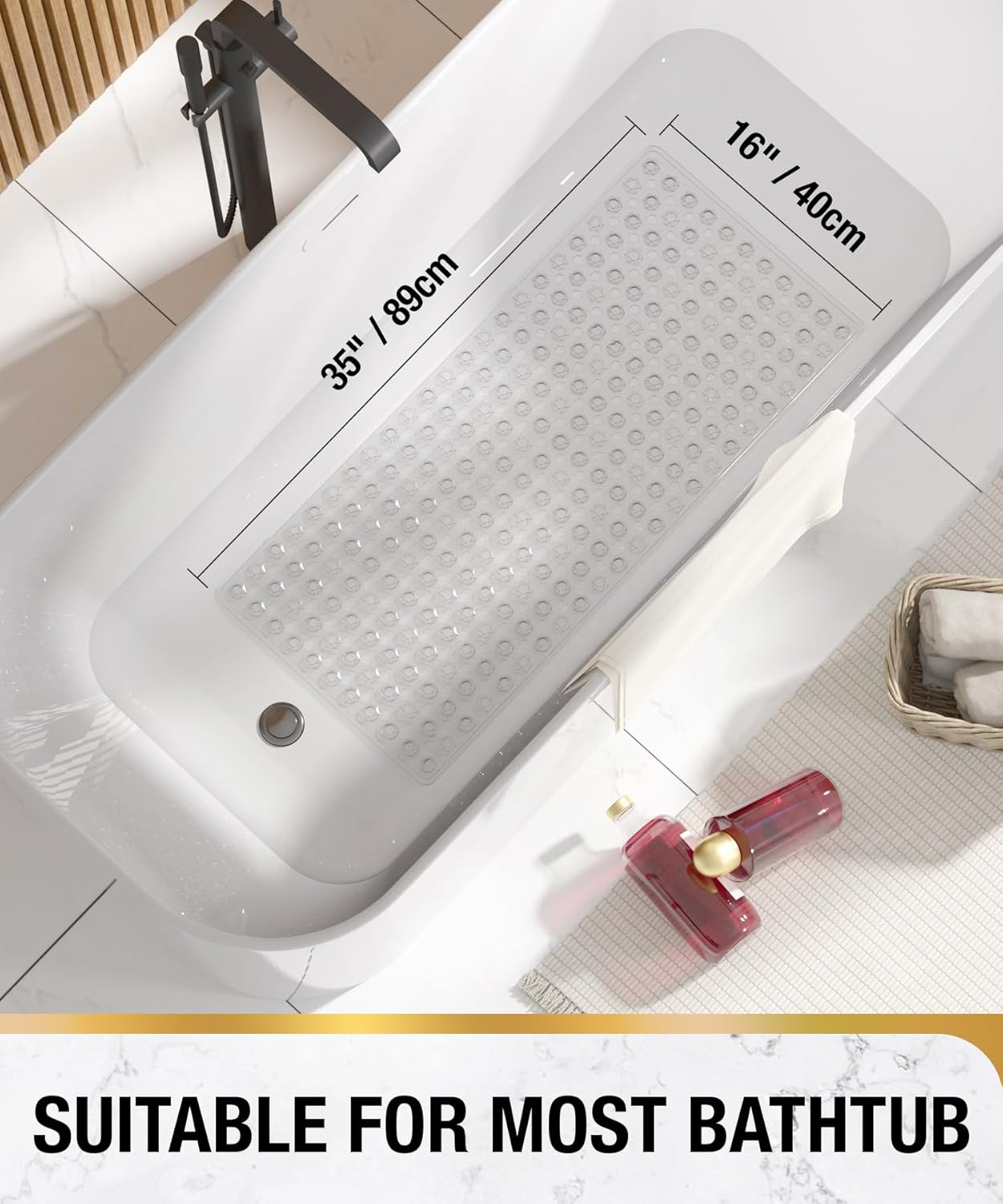 HITSLAM Non-Slip Bathtub Mat with Suction Cups 35x16 Inch