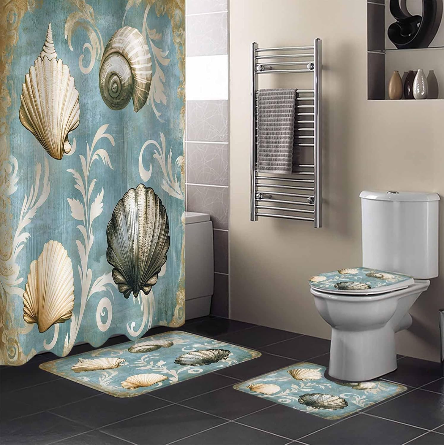 ZOE GARDEN Blue Brown Coastal Bathroom Set with Shower Curtain and Rug
