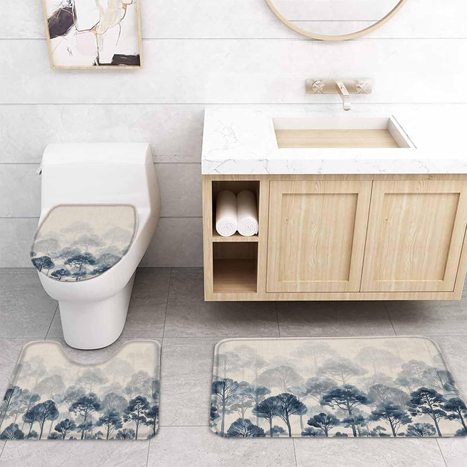 Blue Forest Bathroom Set with Shower Curtain and Rug