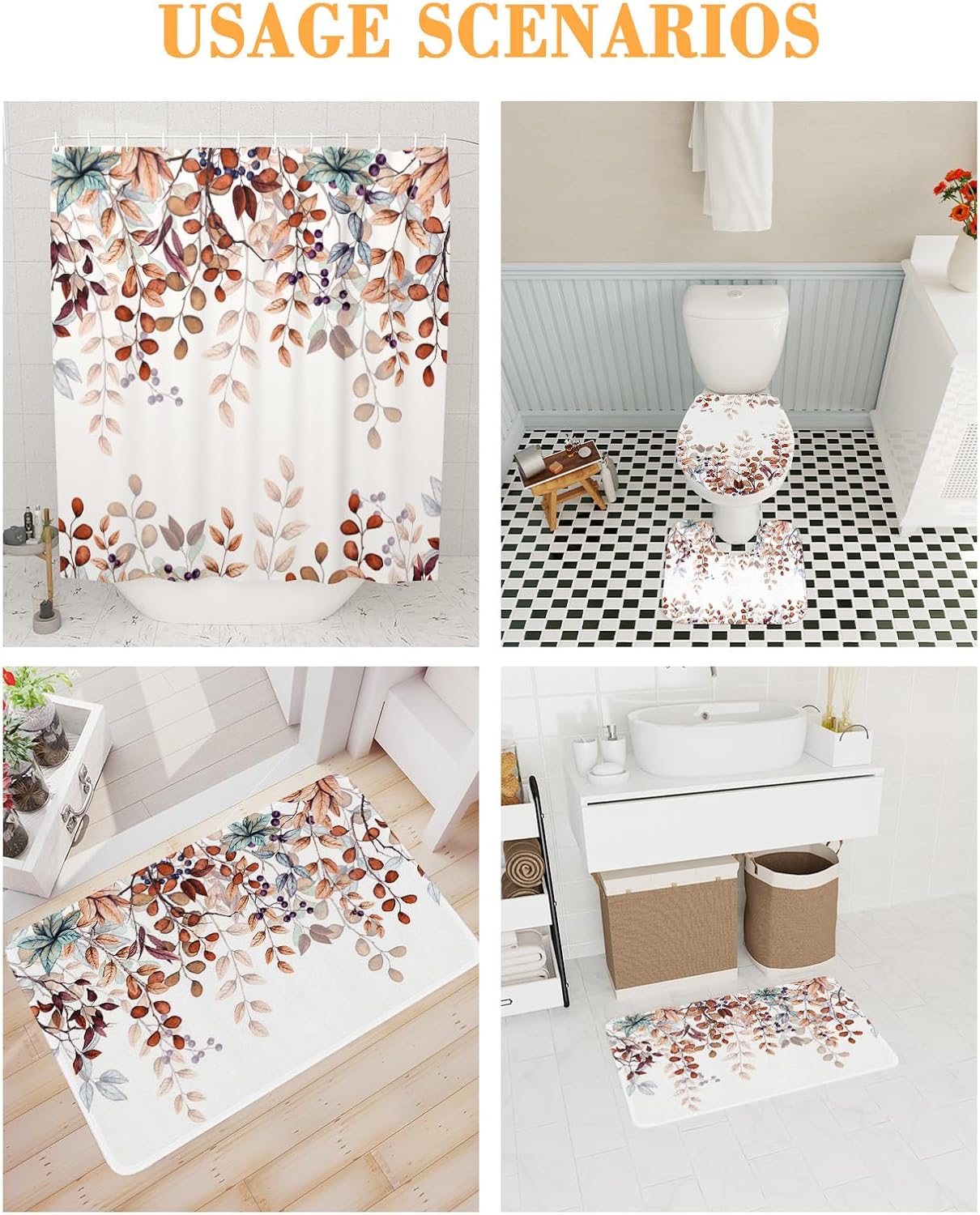 ZOE GARDEN Fall Shower Curtain Set with Rug and Hooks