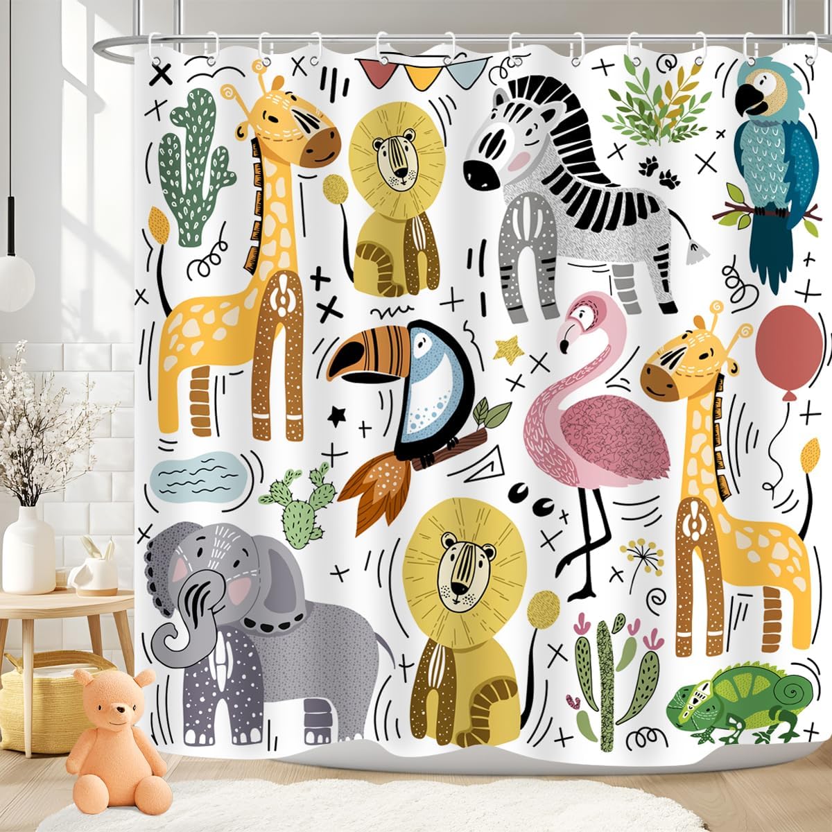 Cute Animal Shower Curtain Set with 12 Plastic Hooks