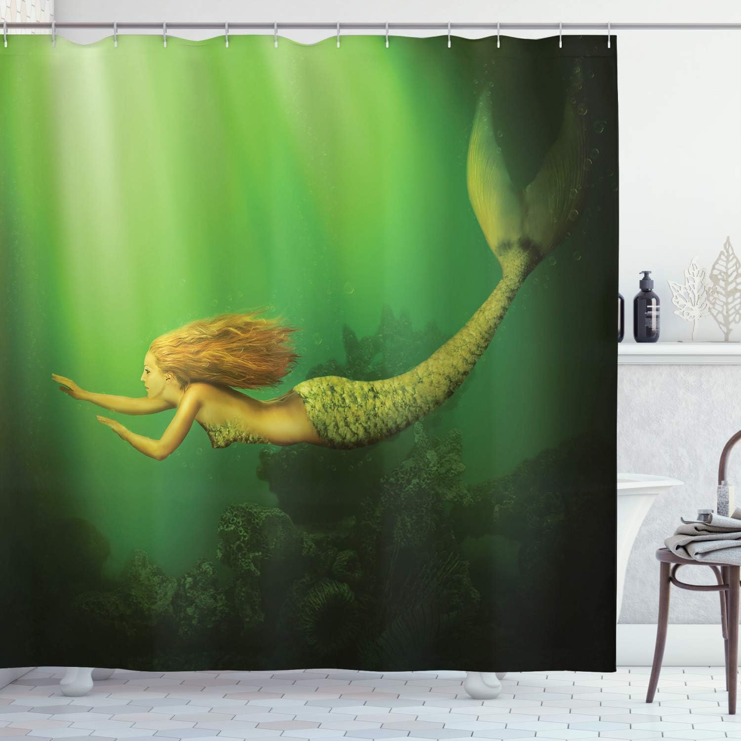 Ambesonne Mermaid Shower Curtain Set 69 x 75 Dark Green Ginger Green 1