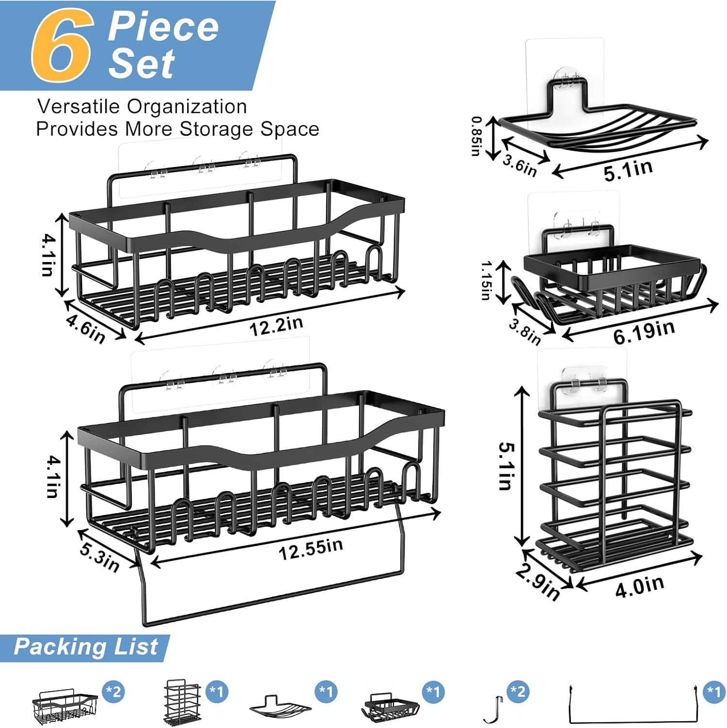Phiaso 6 Pack Shower Caddy - Drill-Free Stainless Steel Organizer