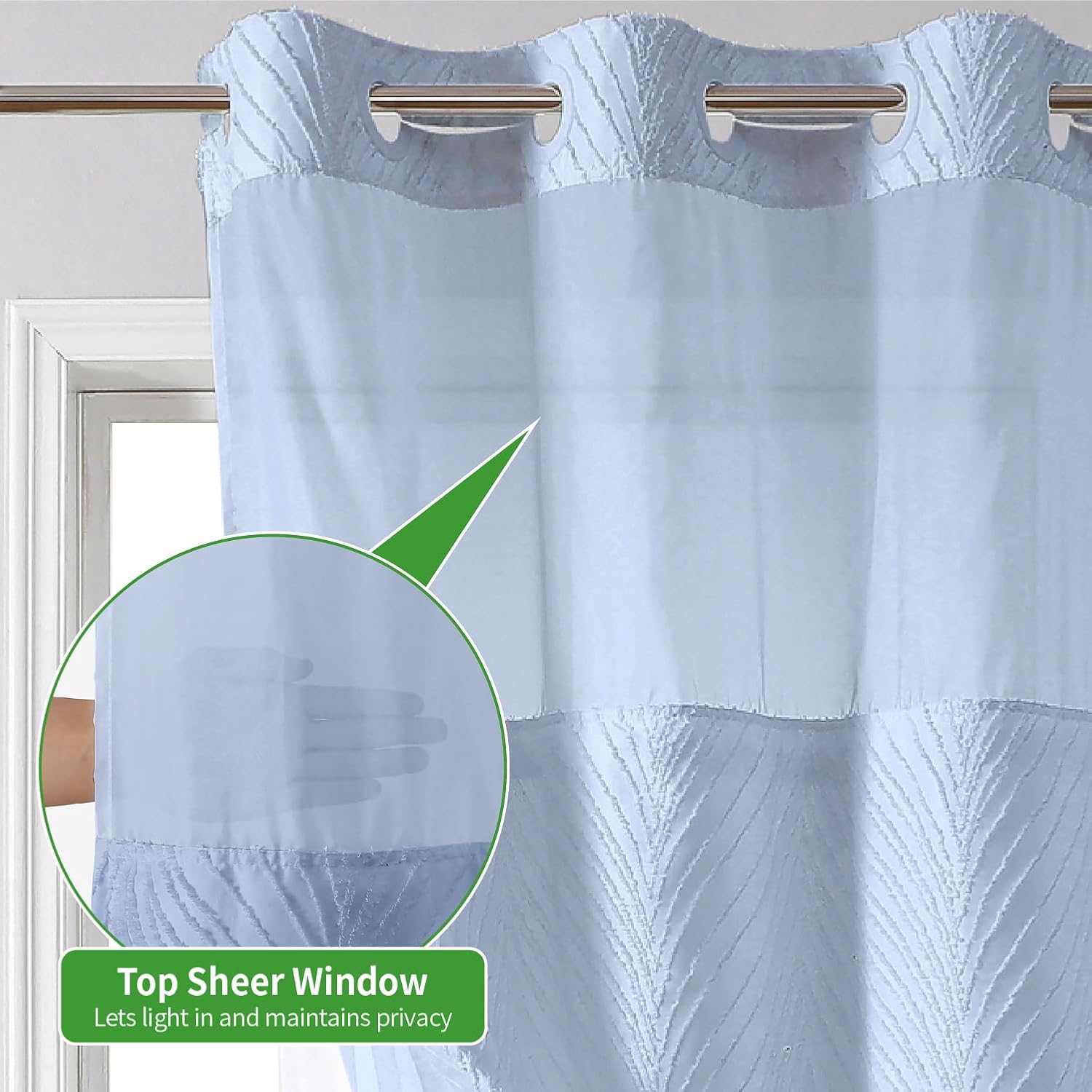FrostBlue No Hook Boho Shower Curtain Set with Tufted Stripes