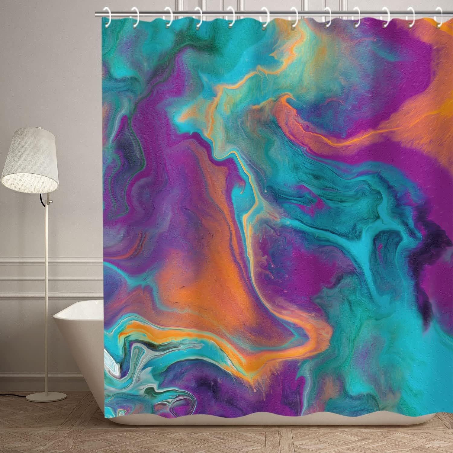 RosieLily Abstract Shower Curtain Sets with 12 Hooks in Orange Teal and Purple