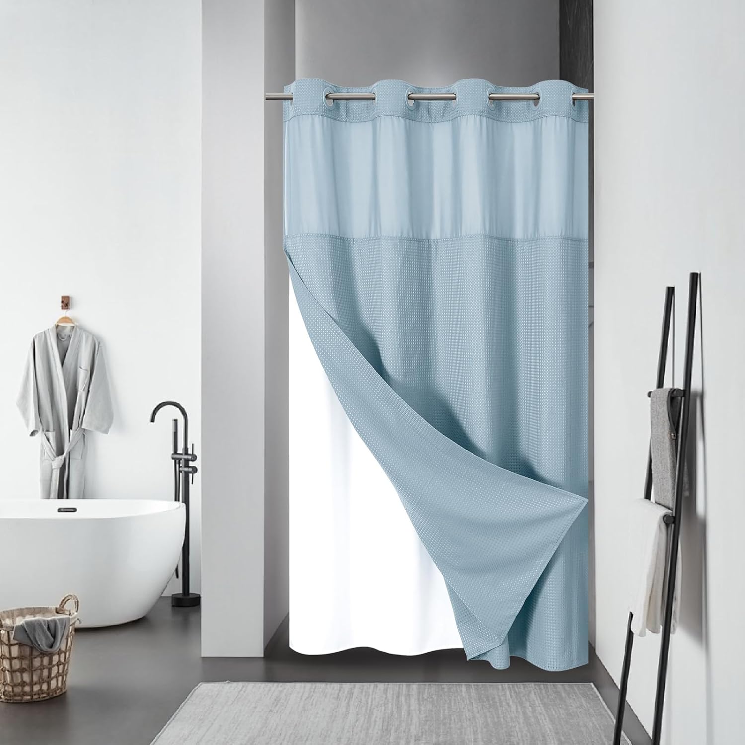 Teal Waffle Weave Shower Curtain Set with Snap-In Liner No Hooks