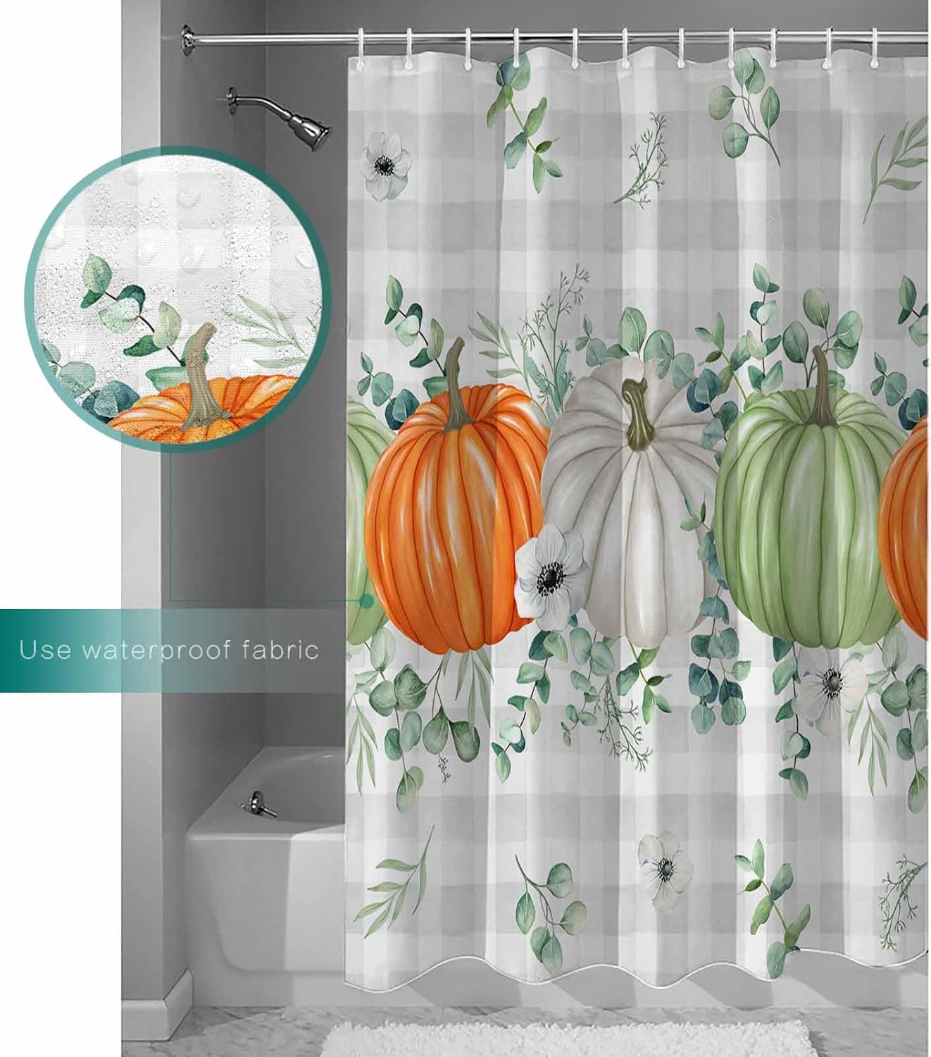 ZOE GARDEN Orange Green White Pumpkin Shower Curtain Set with Hook 48x72